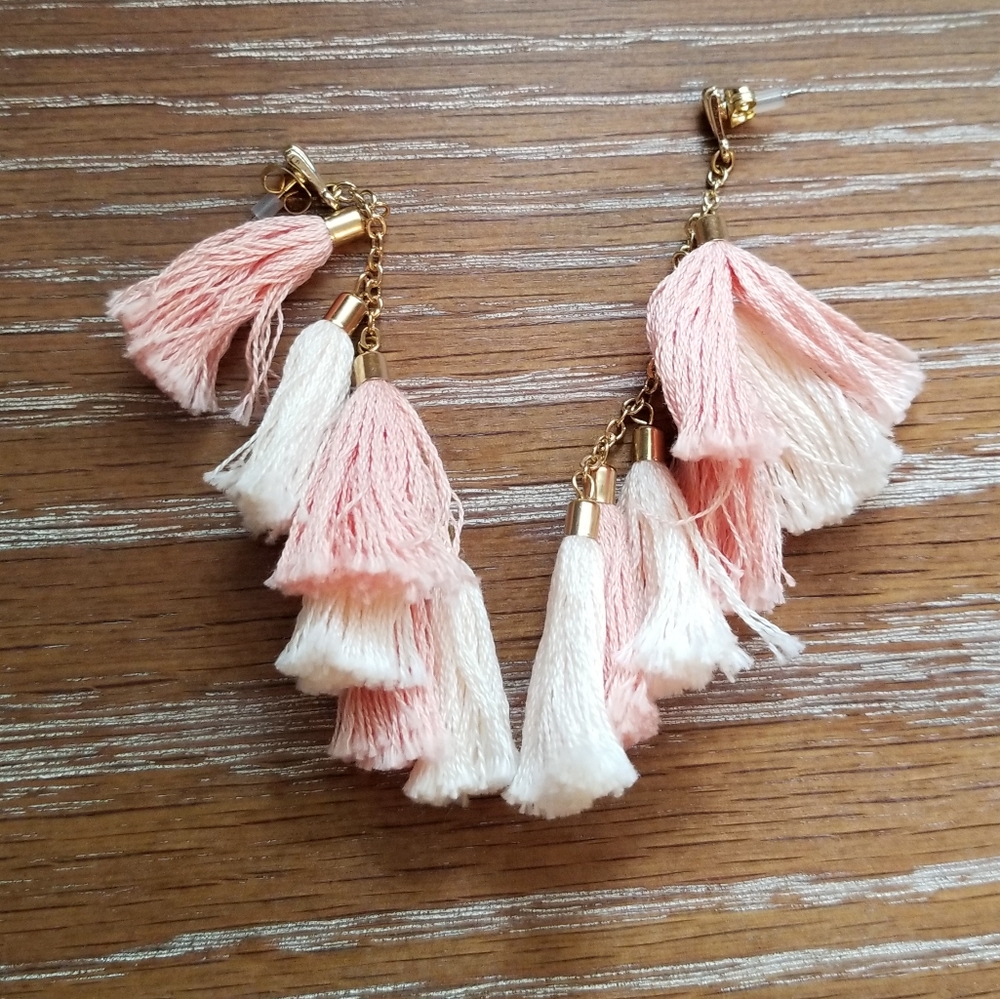 🎉 5 for $25: Pink and white tassel earrings